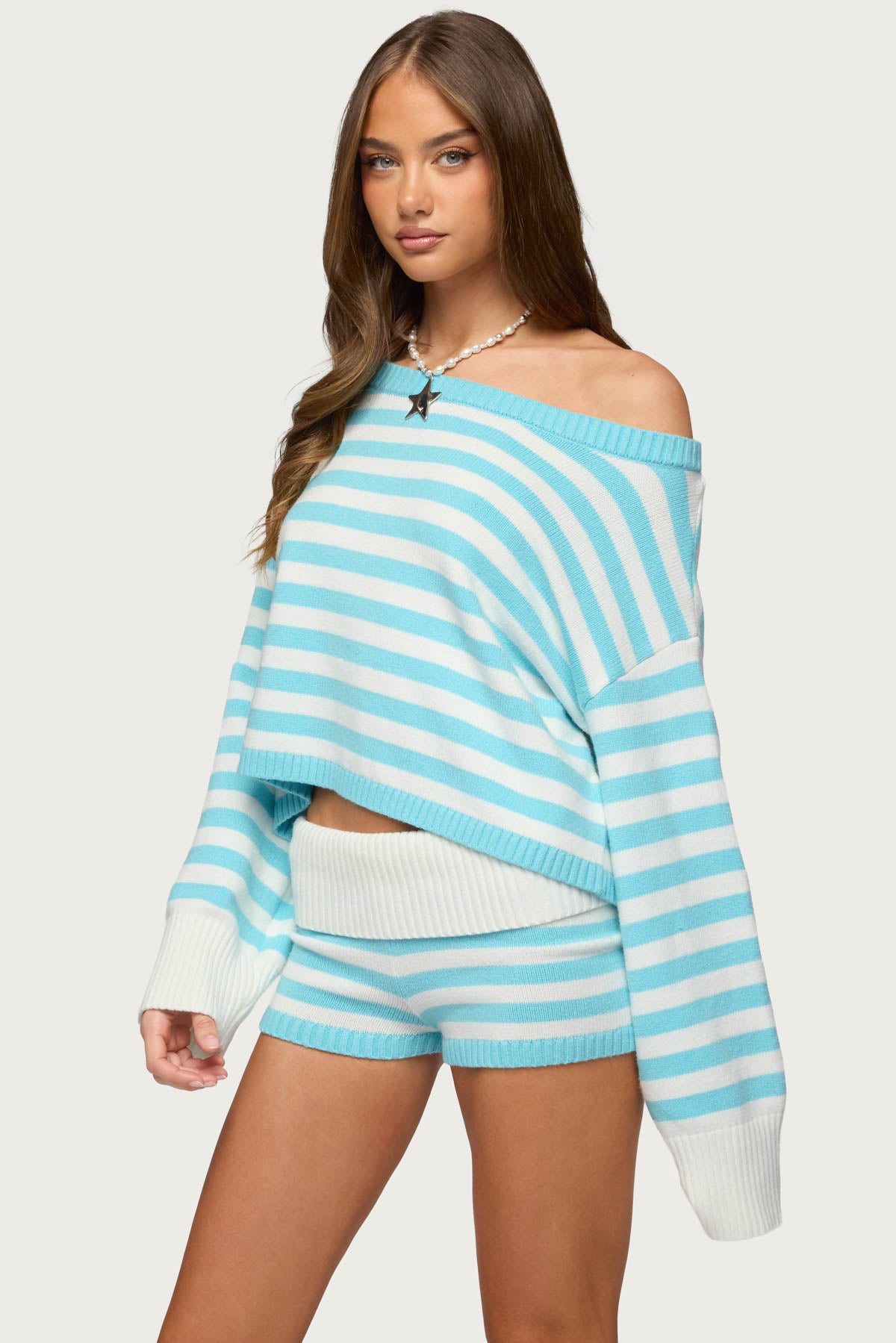 Saphi Striped Oversized Knit Sweater - TURQUOISE-AND-WHITE