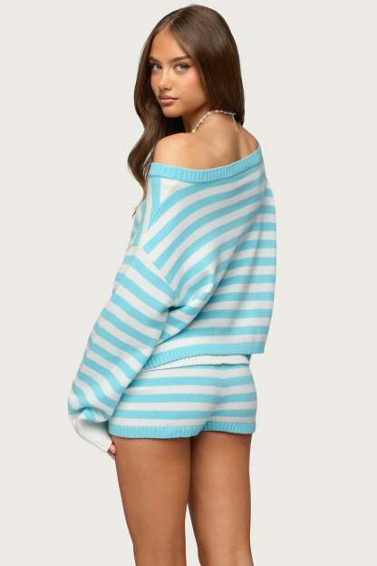 Saphi Striped Oversized Knit Sweater - TURQUOISE-AND-WHITE