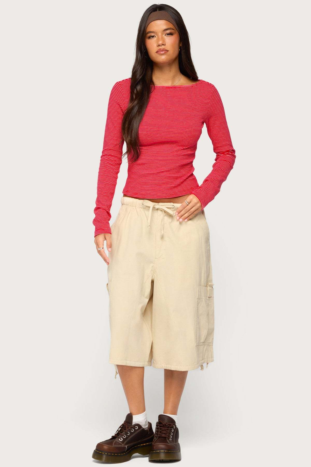 Loria Striped Boat Neck Top - RED-AND-WHITE