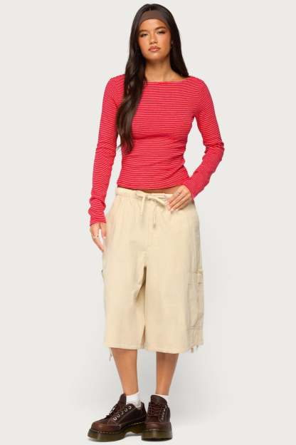Loria Striped Boat Neck Top - RED-AND-WHITE