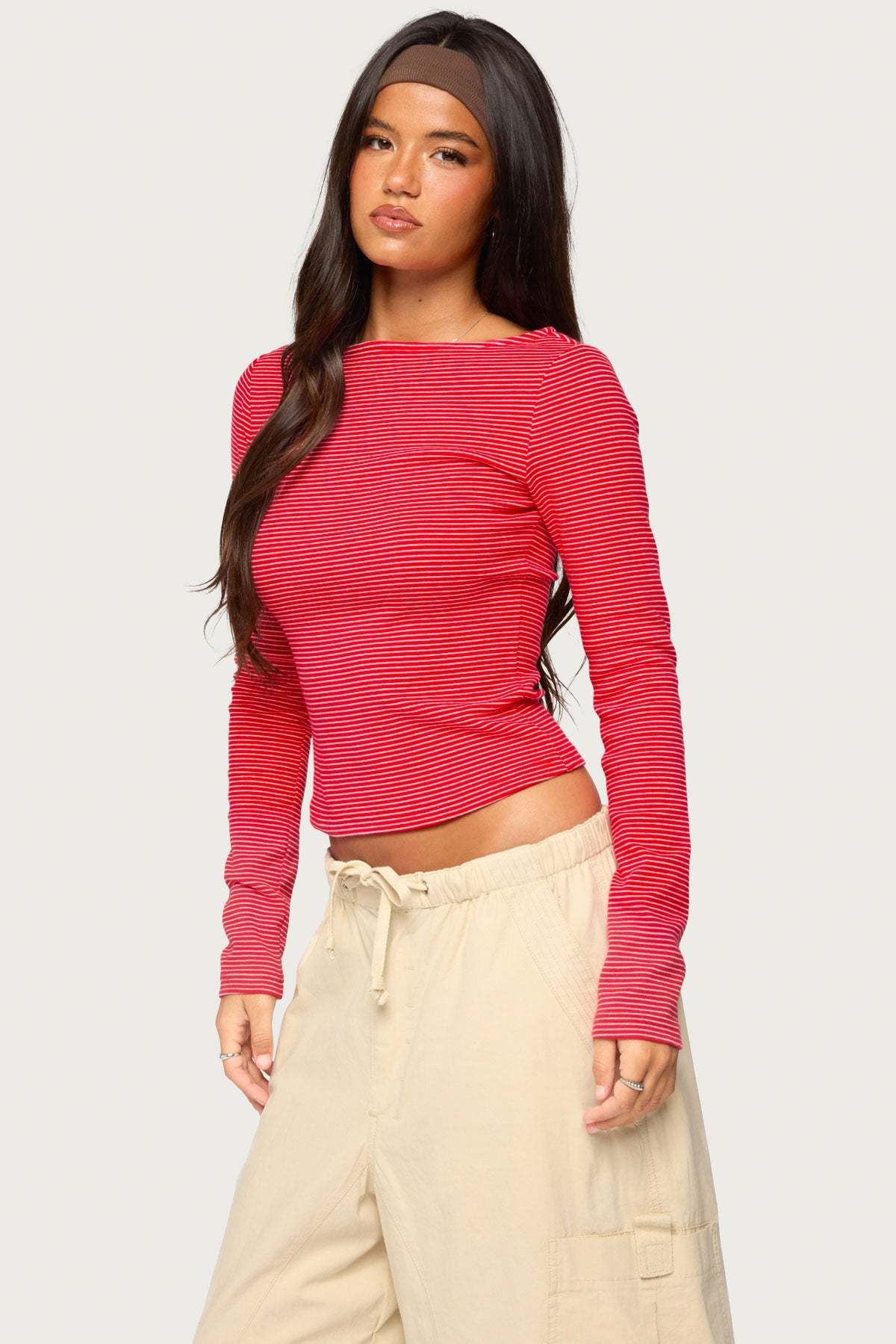 Loria Striped Boat Neck Top - RED-AND-WHITE