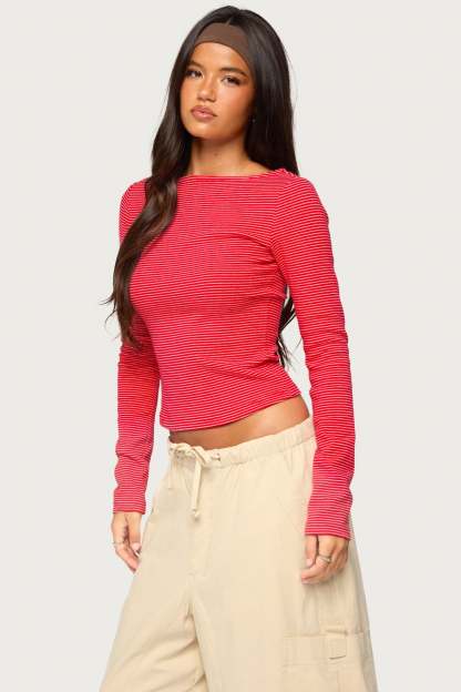 Loria Striped Boat Neck Top - RED-AND-WHITE