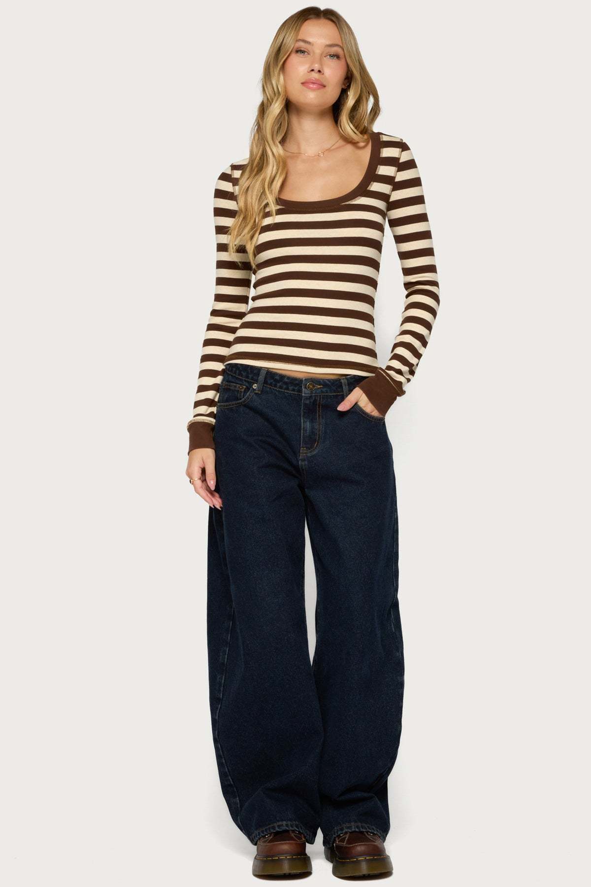 Rainey Striped Long Sleeve Top - BROWN-AND-CREAM