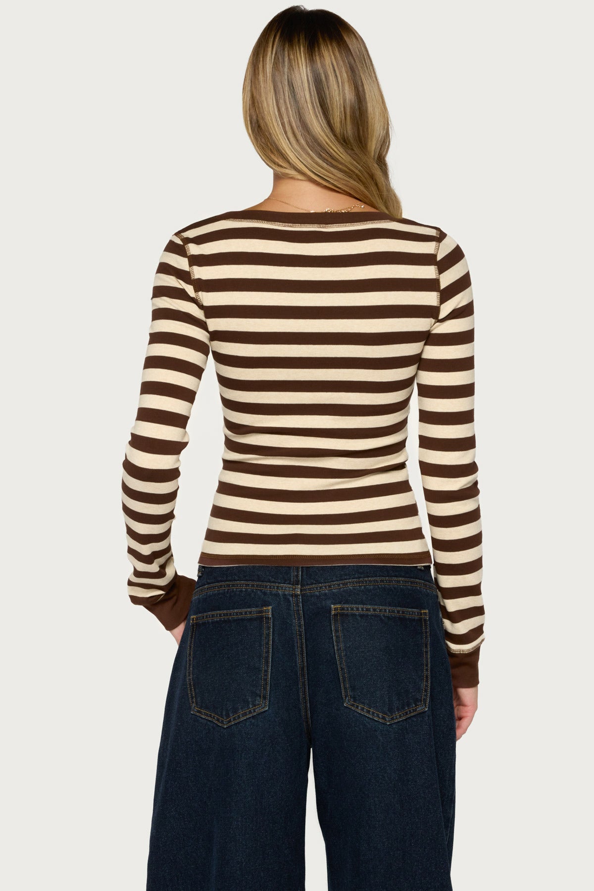 Rainey Striped Long Sleeve Top - BROWN-AND-CREAM
