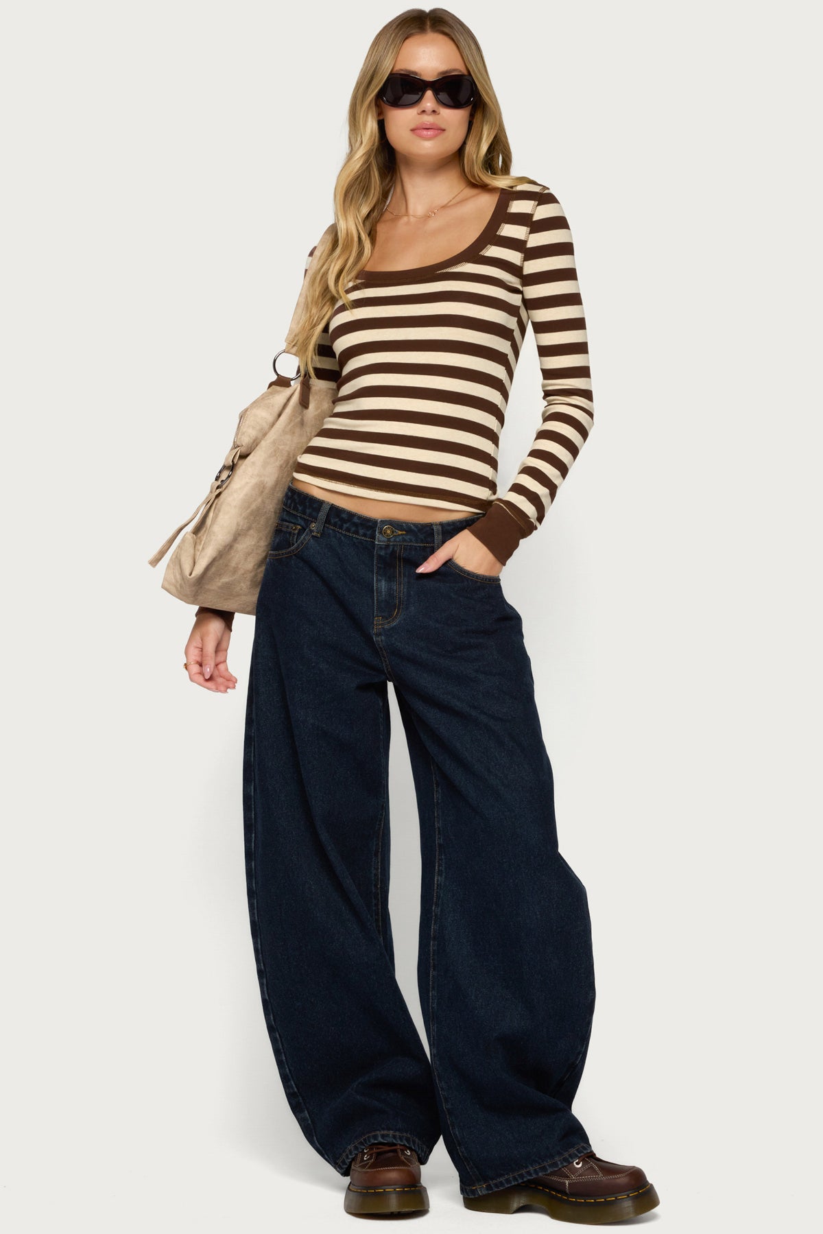 Rainey Striped Long Sleeve Top - BROWN-AND-CREAM