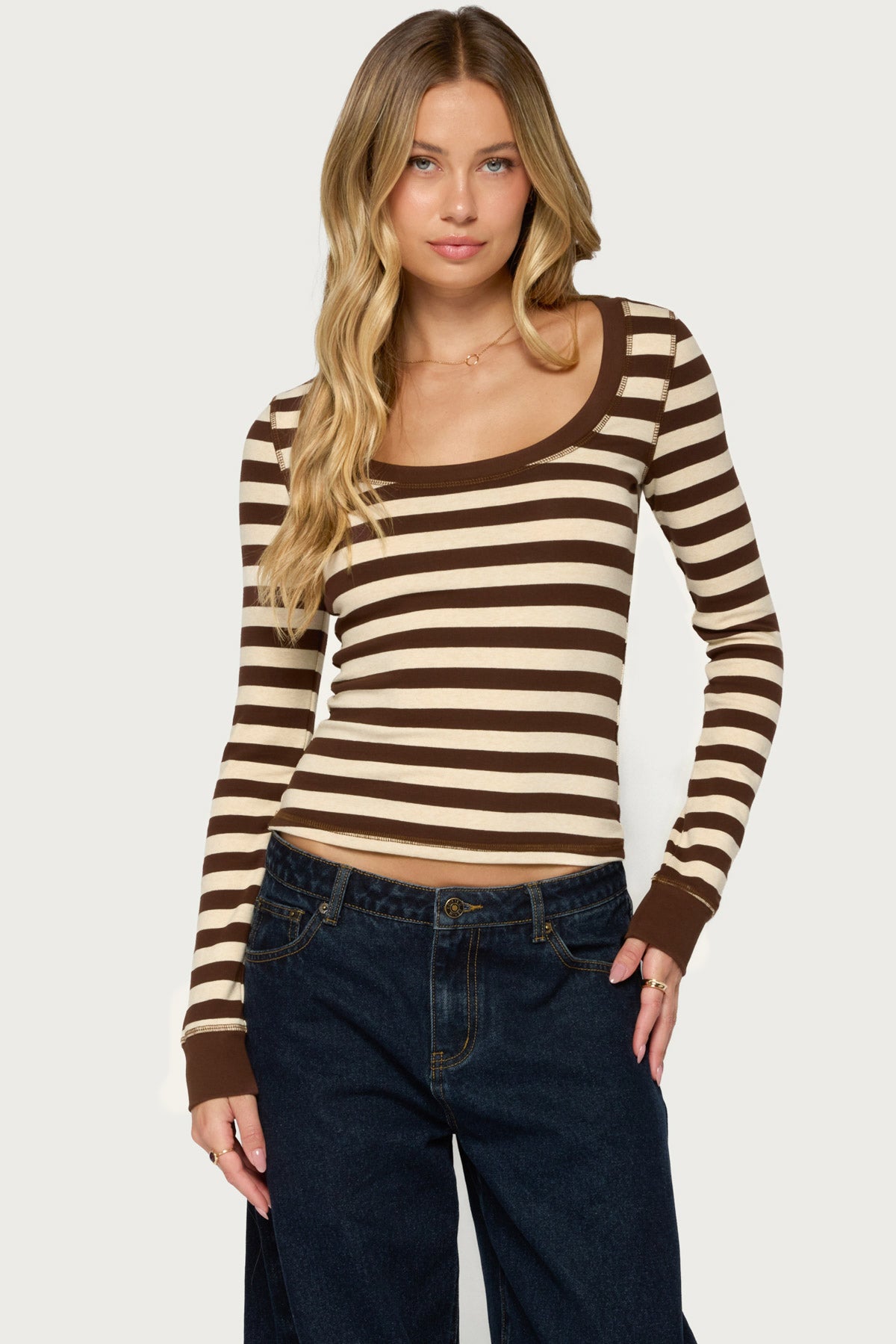 Rainey Striped Long Sleeve Top - BROWN-AND-CREAM
