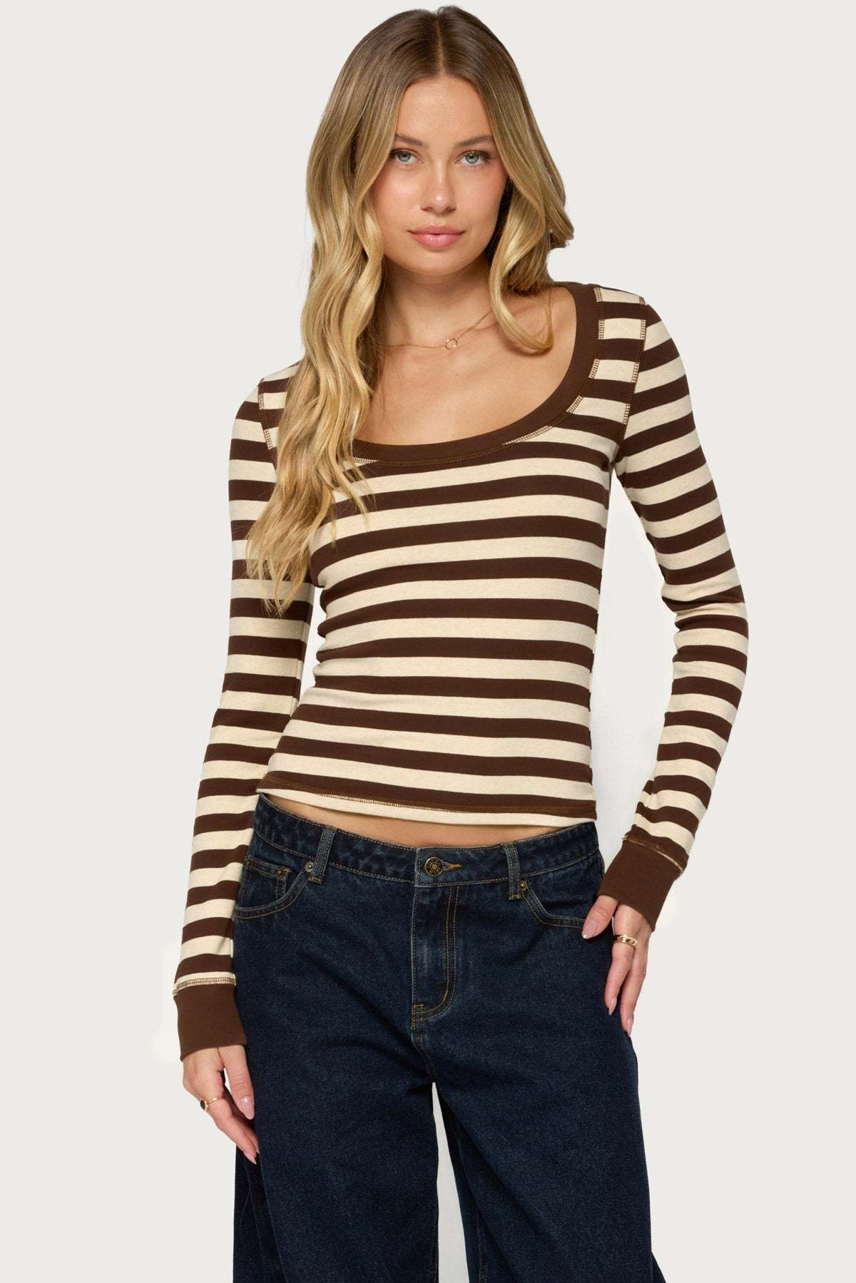 Rainey Striped Long Sleeve Top - BROWN-AND-CREAM