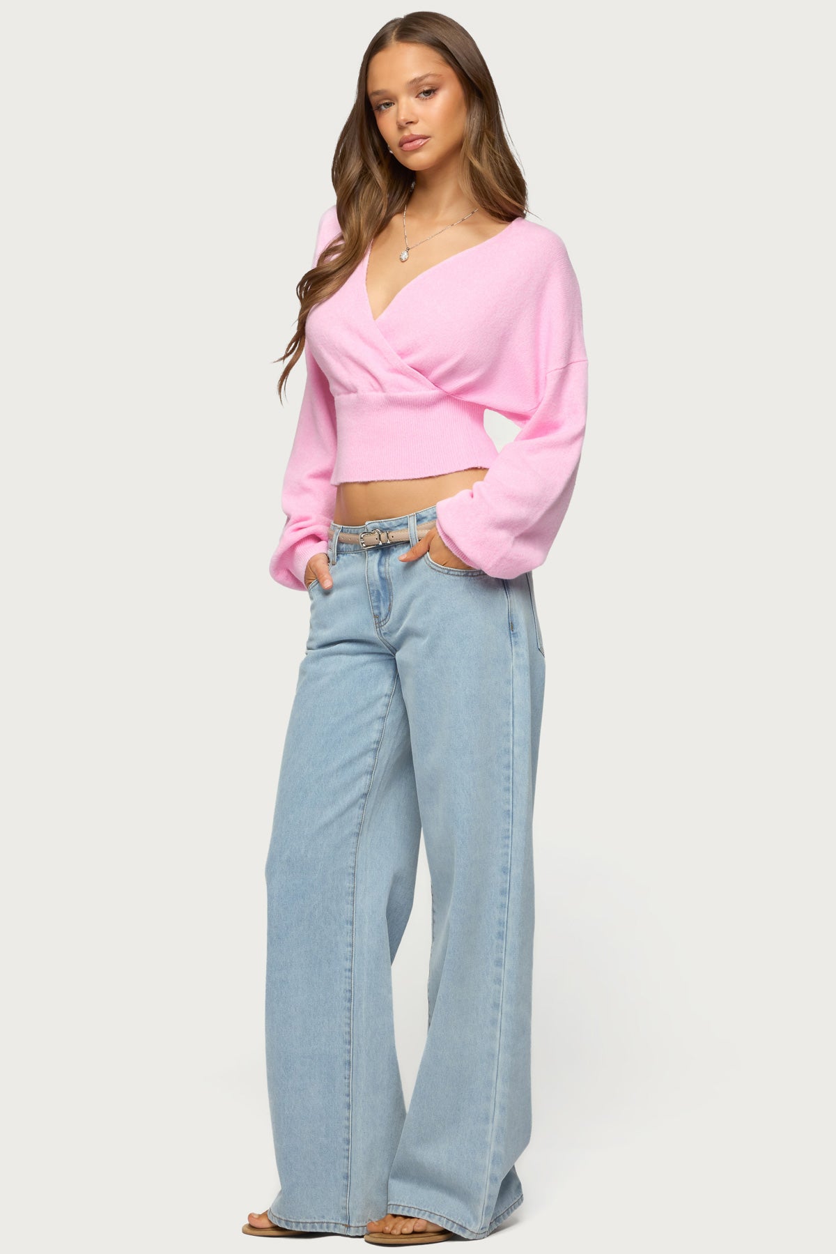 Lillia V Neck Wrap Sweater - PINK