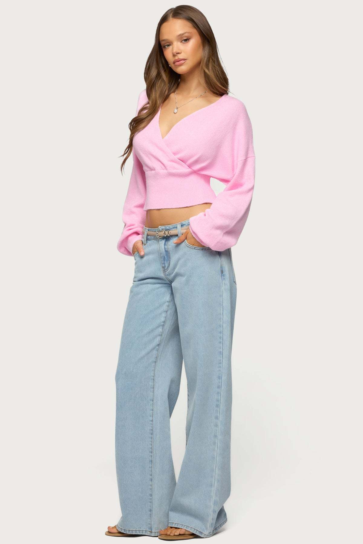 Lillia V Neck Wrap Sweater - PINK