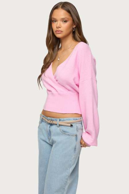 Lillia V Neck Wrap Sweater - PINK