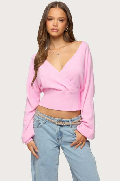 Lillia V Neck Wrap Sweater - PINK