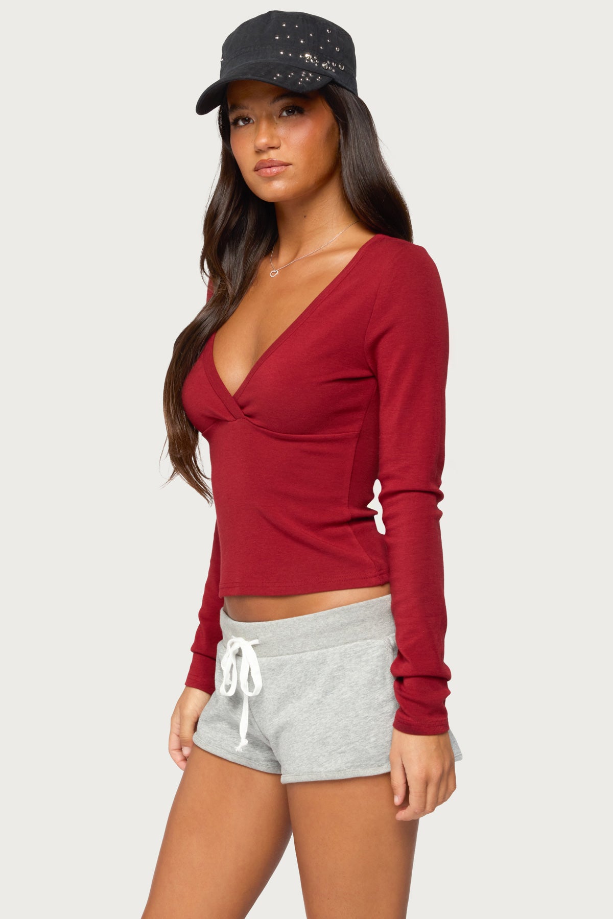 Doron V Neck Long Sleeve Top - BURGUNDY
