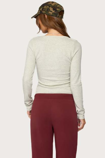 Doron V Neck Long Sleeve Top - LIGHT-GRAY-MELANGE