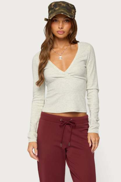 Doron V Neck Long Sleeve Top - LIGHT-GRAY-MELANGE
