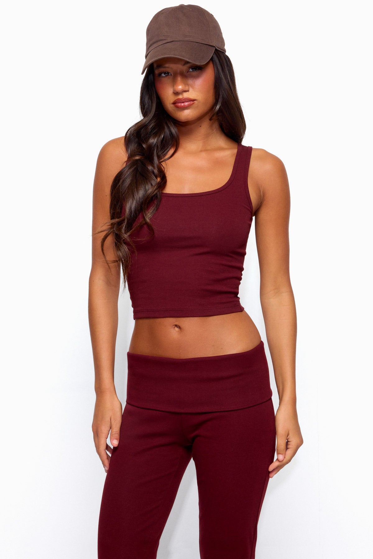 Linda Ribbed Scoop Neck Tank Top - BURGUNDY