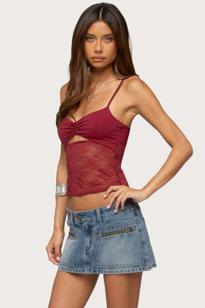 Damarie Cutout Ruched Sheer Lace Top - BURGUNDY
