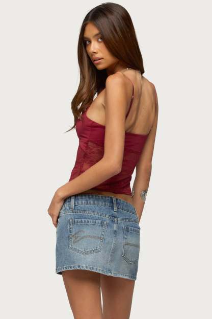 Damarie Cutout Ruched Sheer Lace Top - BURGUNDY