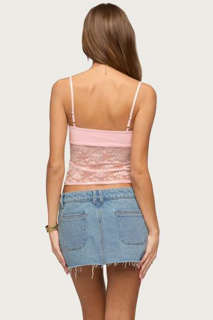 Damarie Cutout Ruched Sheer Lace Top - LIGHT-PINK
