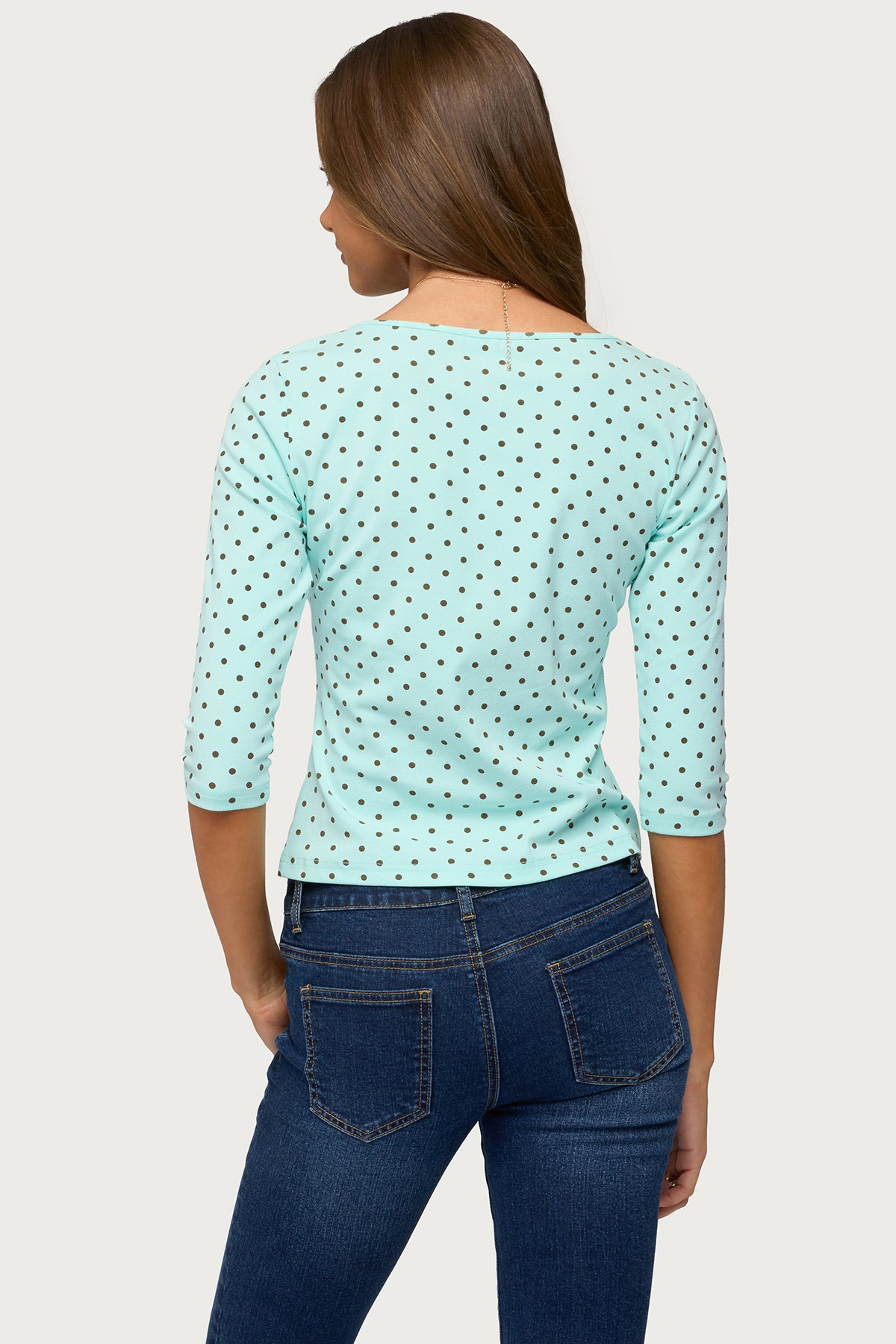 Lela Polka Dot Three-Quarter Sleeve Top - AQUA-AND-BROWN