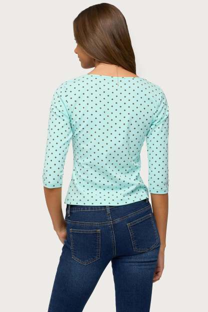 Lela Polka Dot Three-Quarter Sleeve Top - AQUA-AND-BROWN