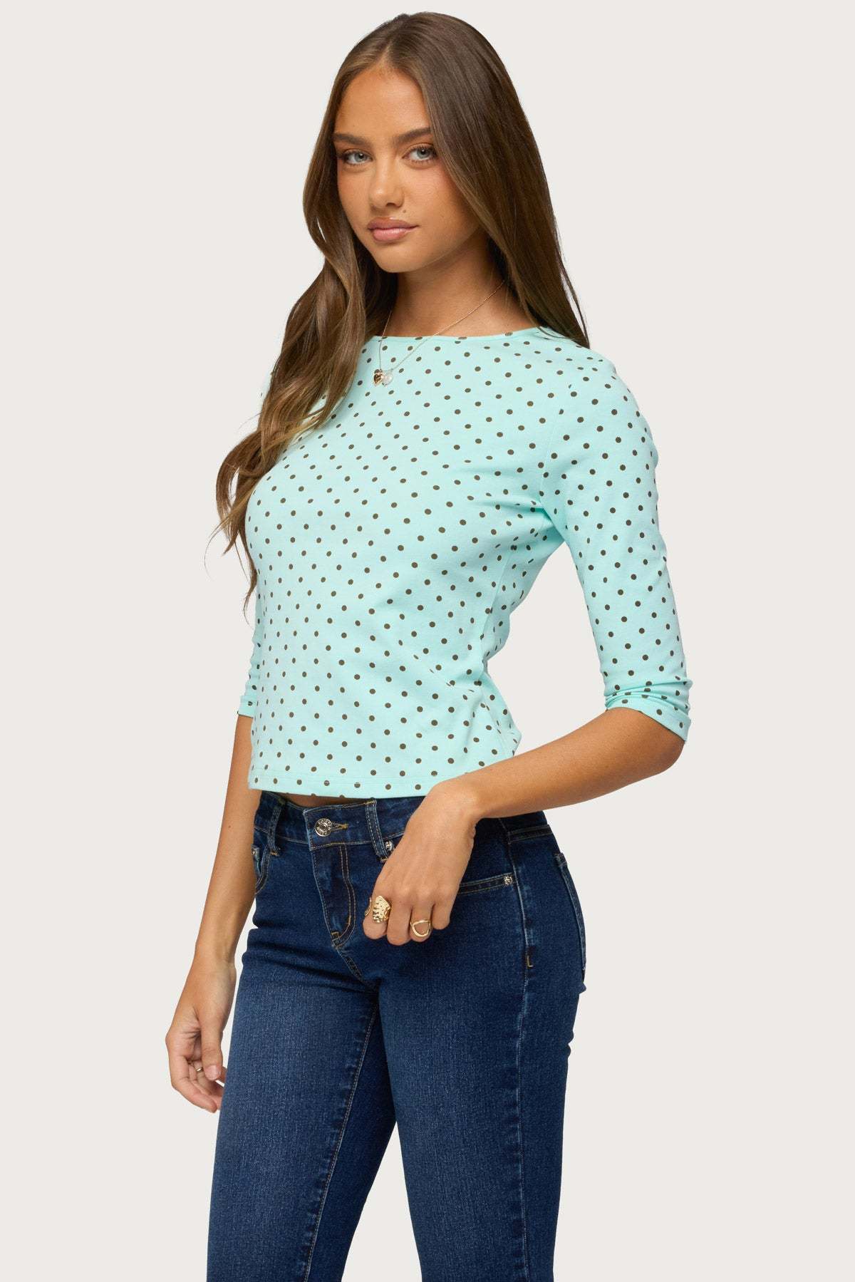 Lela Polka Dot Three-Quarter Sleeve Top - AQUA-AND-BROWN