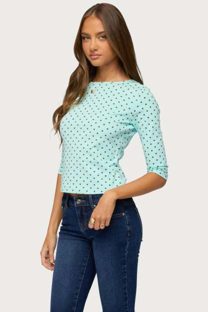 Lela Polka Dot Three-Quarter Sleeve Top - AQUA-AND-BROWN