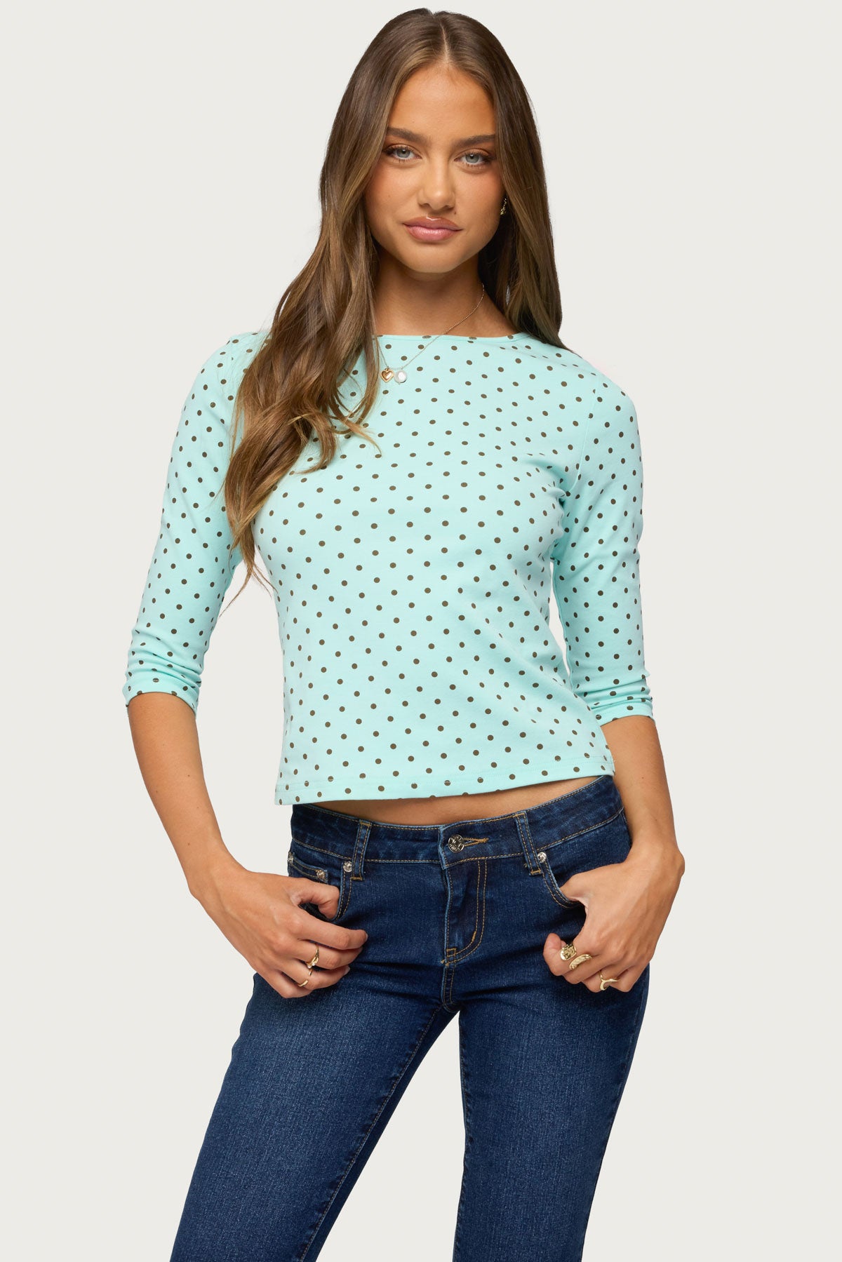 Lela Polka Dot Three-Quarter Sleeve Top - AQUA-AND-BROWN