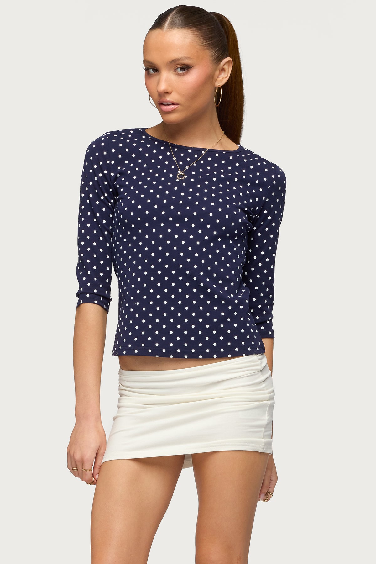 Lela Polka Dot Three-Quarter Sleeve Top - NAVY-AND-CREAM