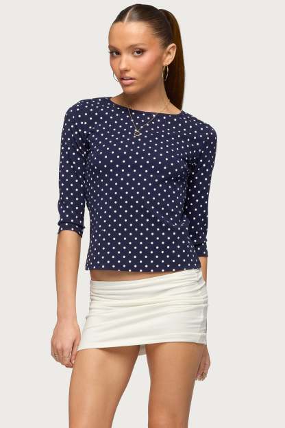 Lela Polka Dot Three-Quarter Sleeve Top - NAVY-AND-CREAM
