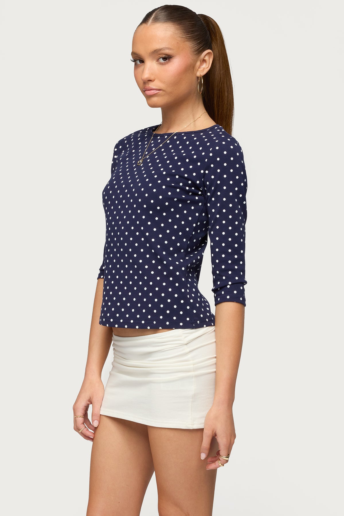Lela Polka Dot Three-Quarter Sleeve Top - NAVY-AND-CREAM