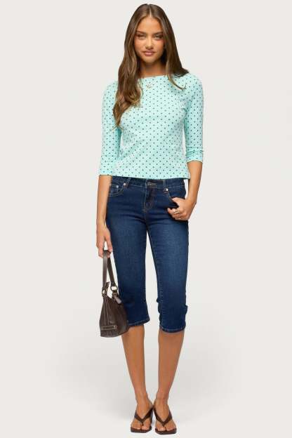 Lela Polka Dot Three-Quarter Sleeve Top - AQUA-AND-BROWN