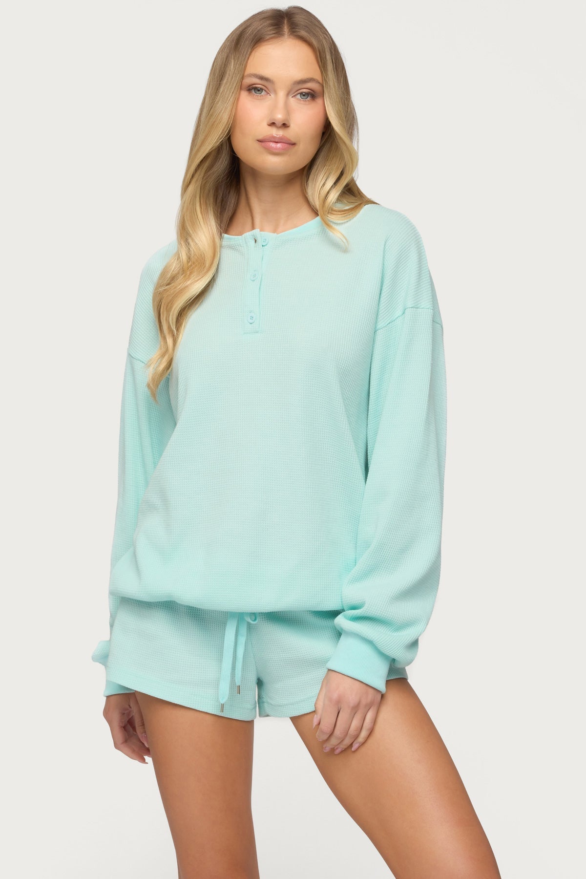 Baila Waffle Henley Top - AQUA