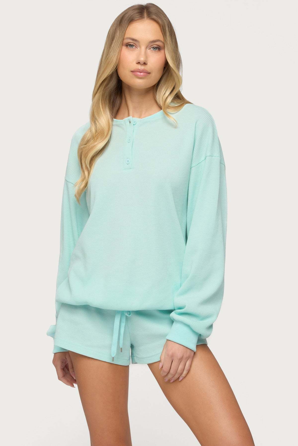 Baila Waffle Henley Top - AQUA