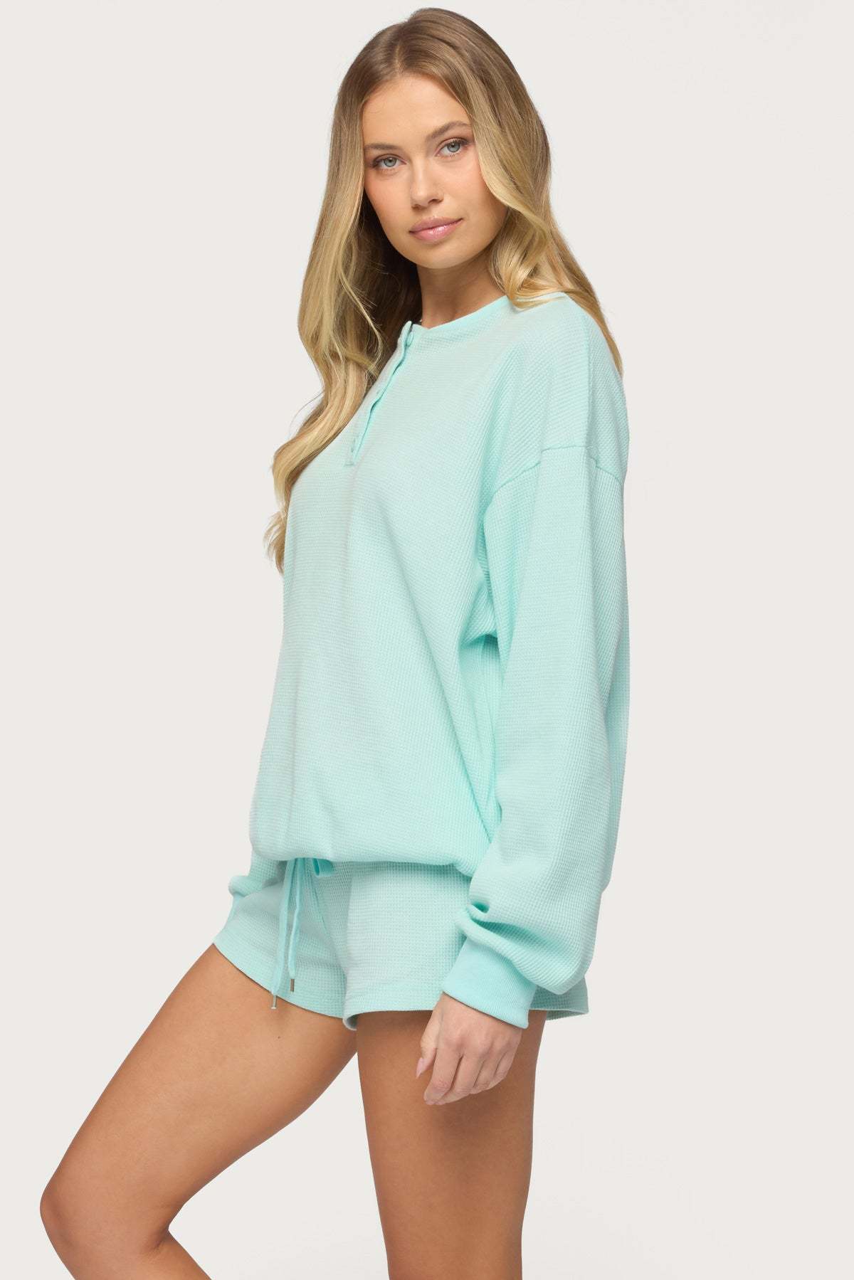 Baila Waffle Henley Top - AQUA