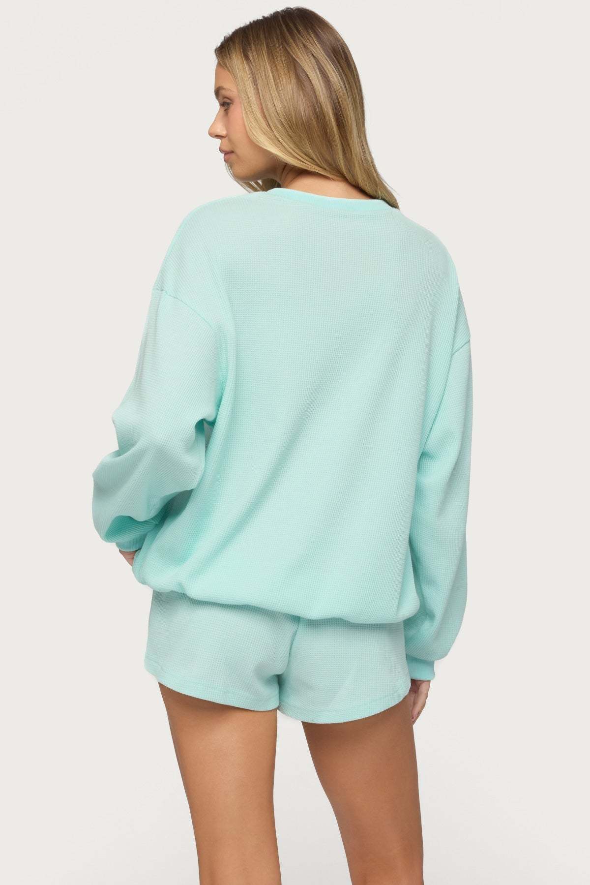 Baila Waffle Henley Top - AQUA