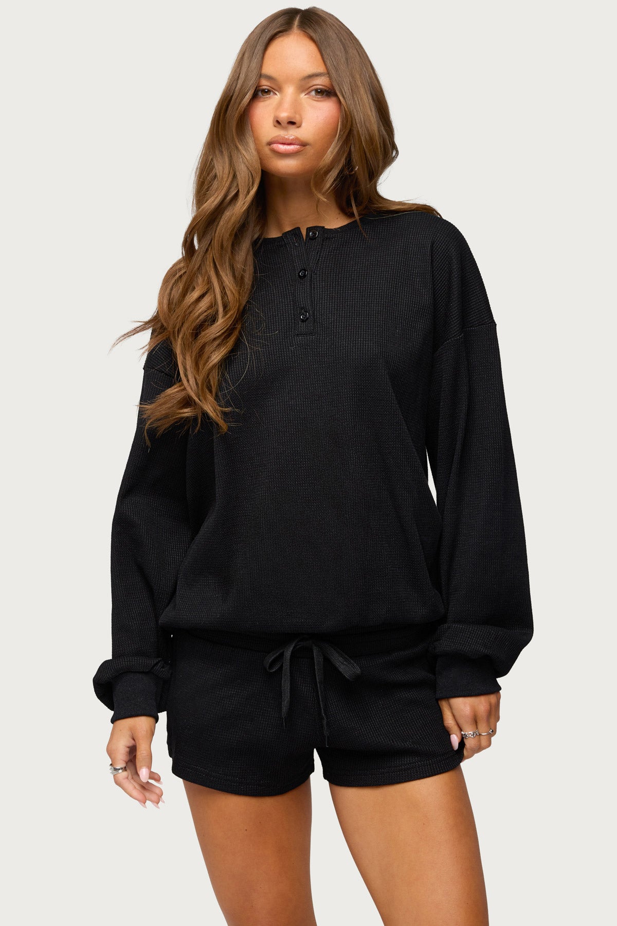 Baila Waffle Henley Top - BLACK