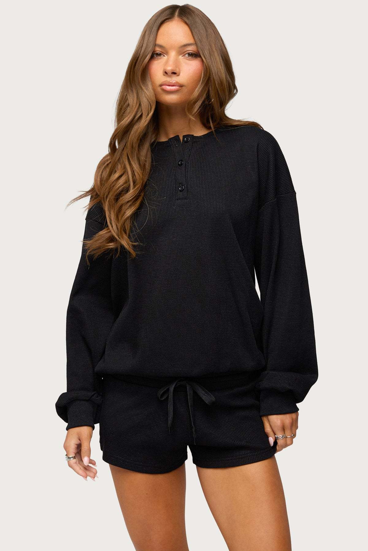 Baila Waffle Henley Top - BLACK