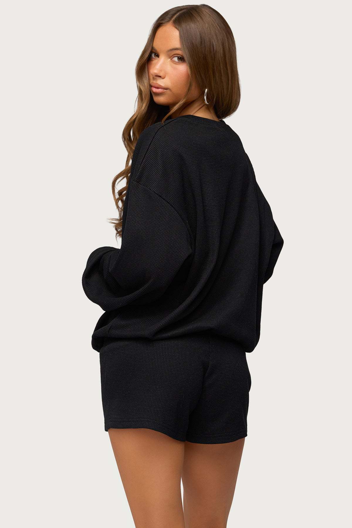 Baila Waffle Henley Top - BLACK