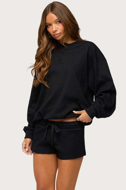 Baila Waffle Henley Top - BLACK