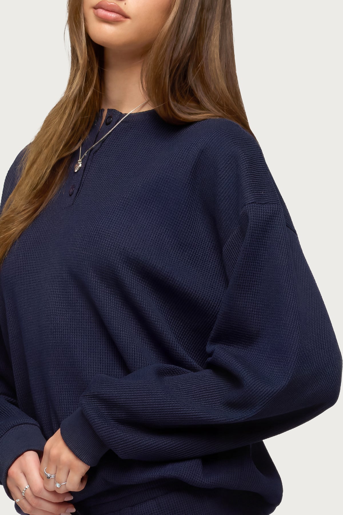 Baila Waffle Henley Top - NAVY