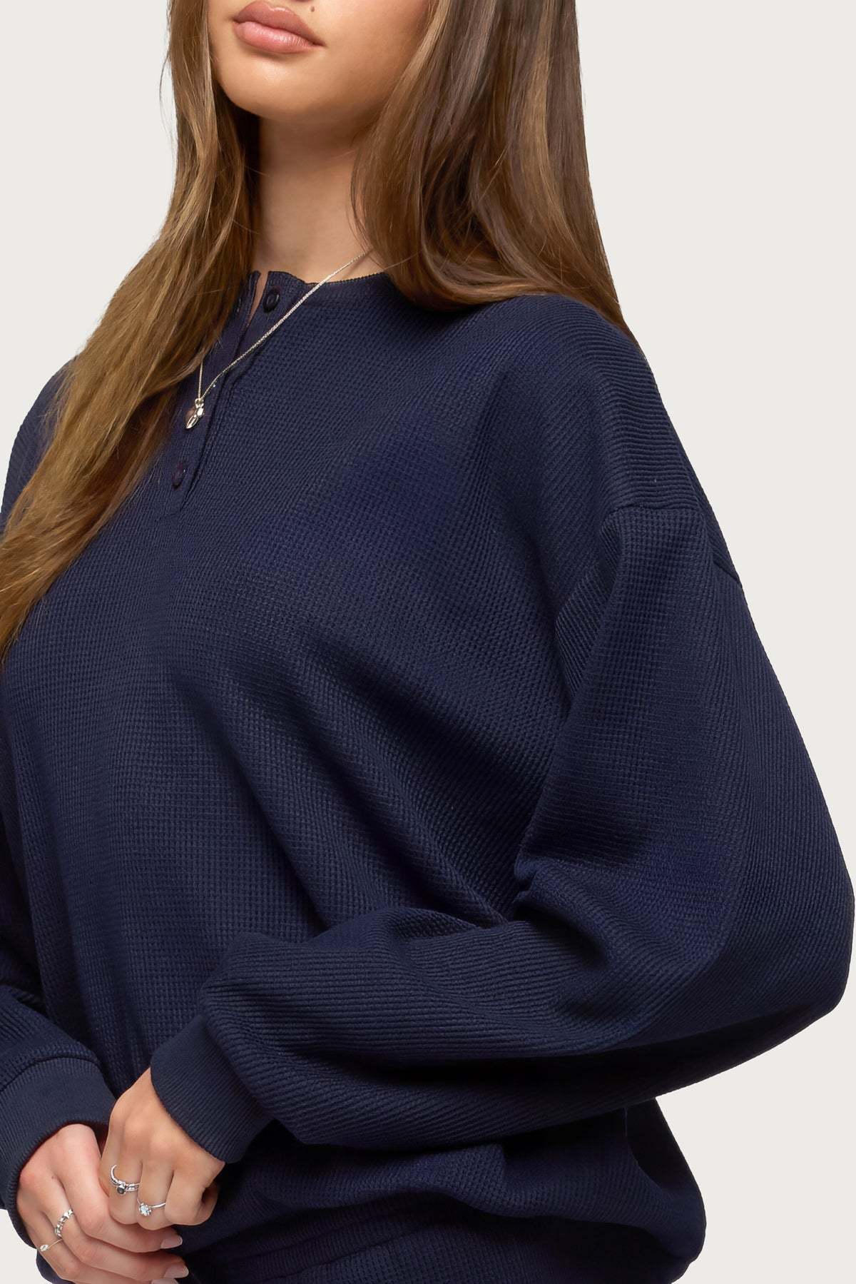 Baila Waffle Henley Top - NAVY