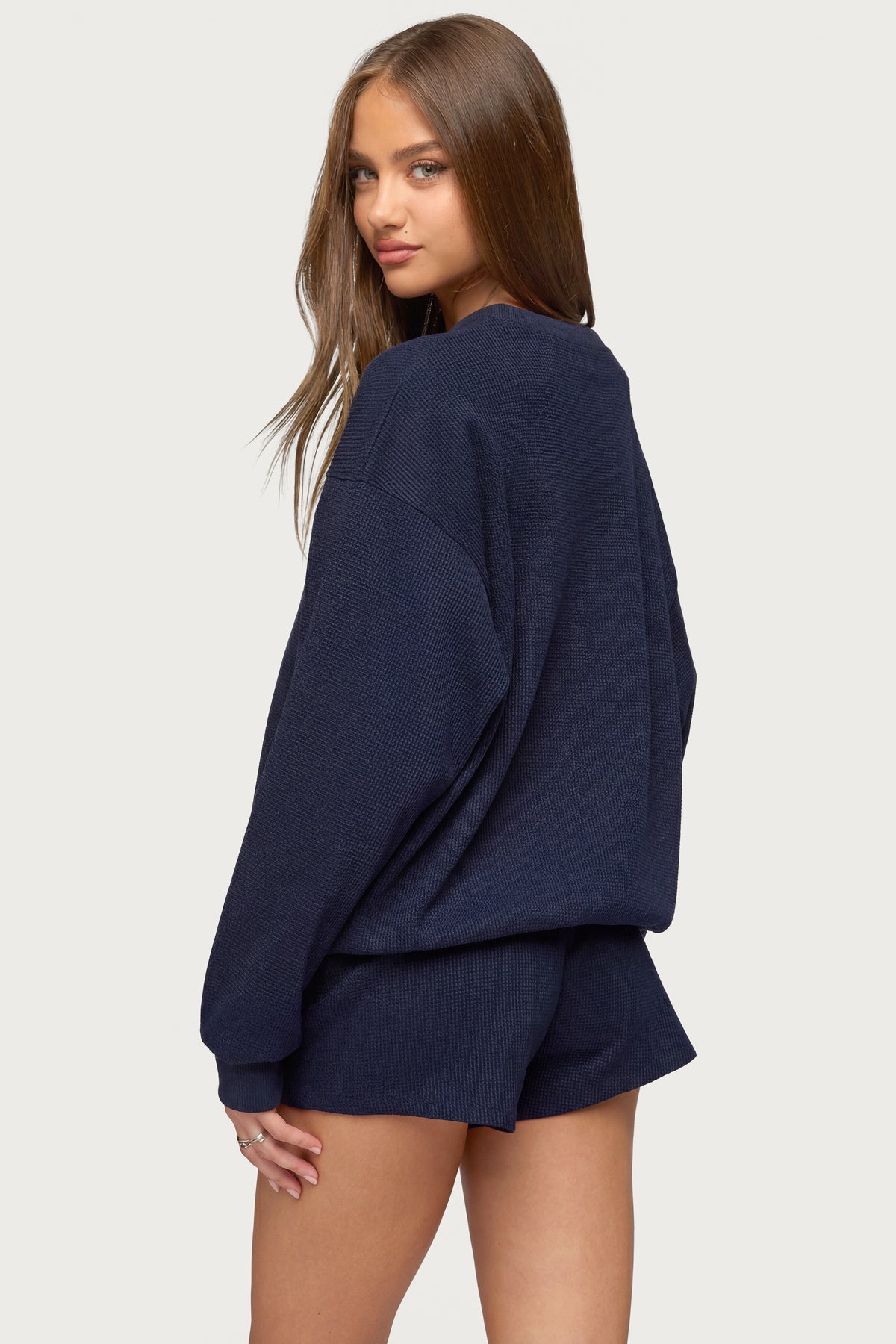 Baila Waffle Henley Top - NAVY