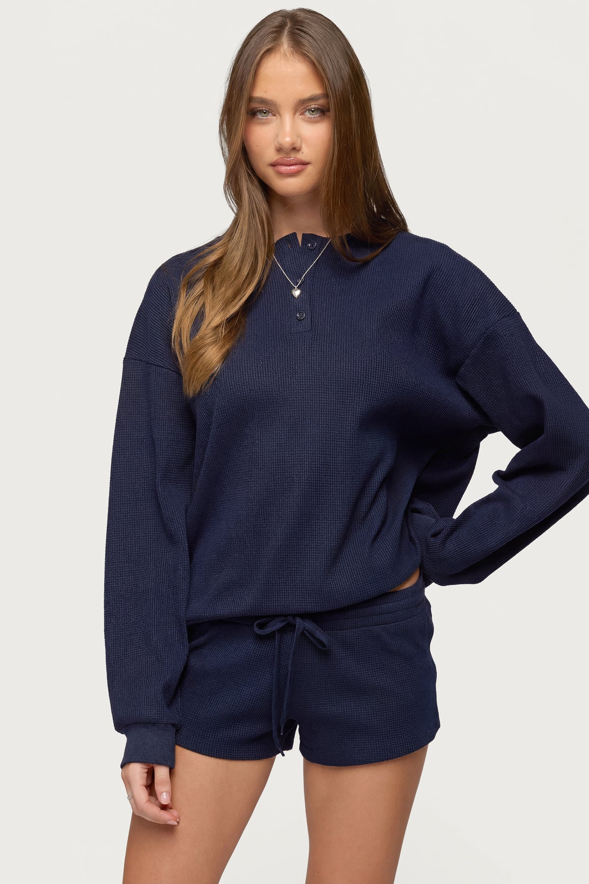 Baila Waffle Henley Top - NAVY