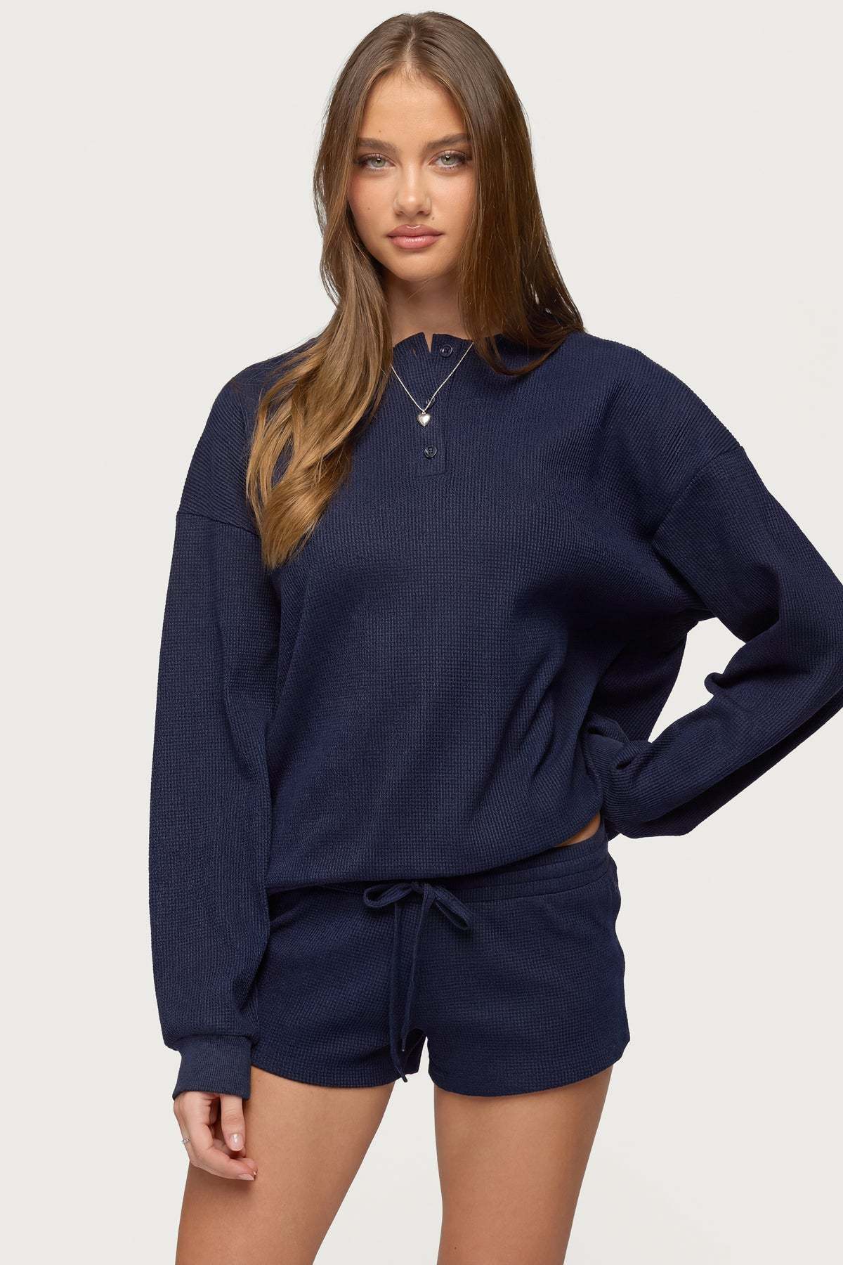 Baila Waffle Henley Top - NAVY