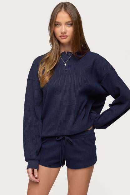 Baila Waffle Henley Top - NAVY