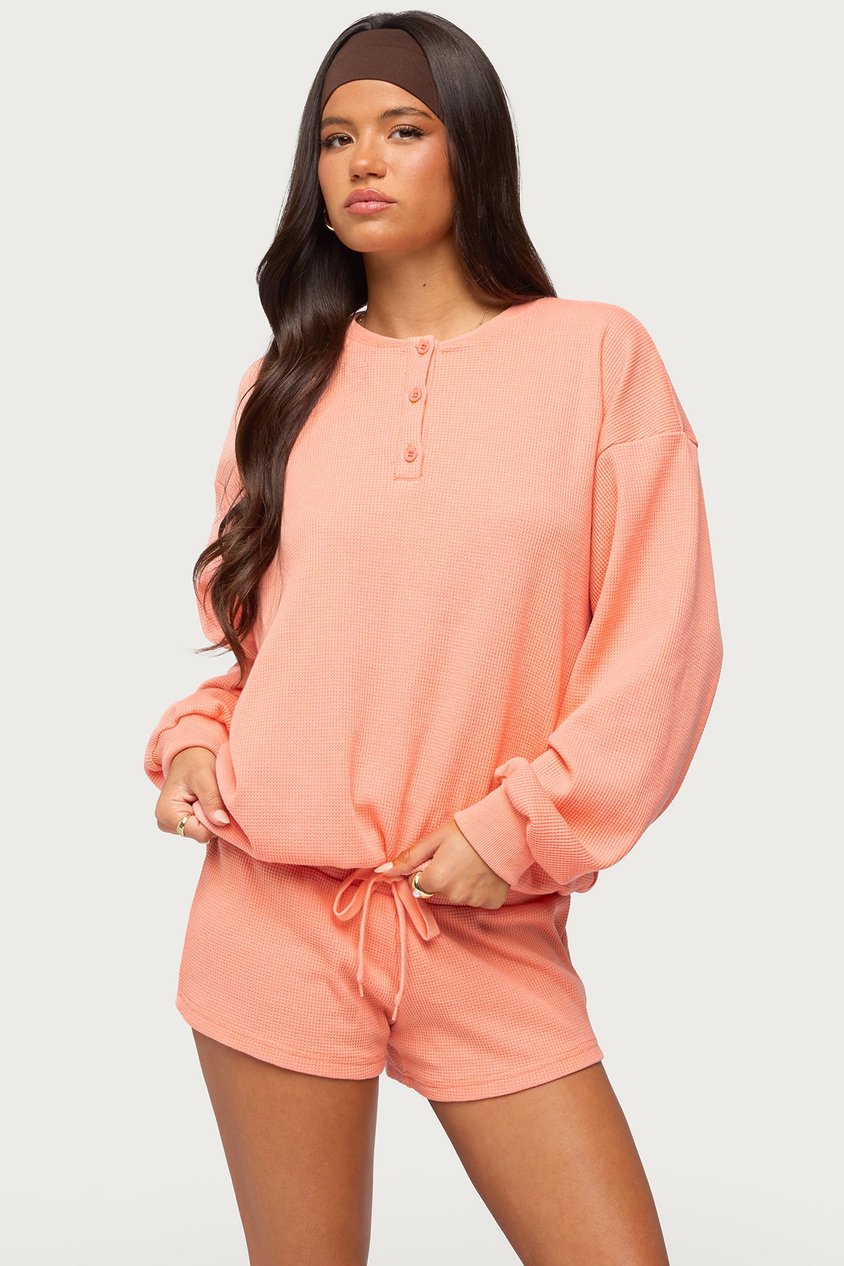 Baila Waffle Henley Top - ORANGE
