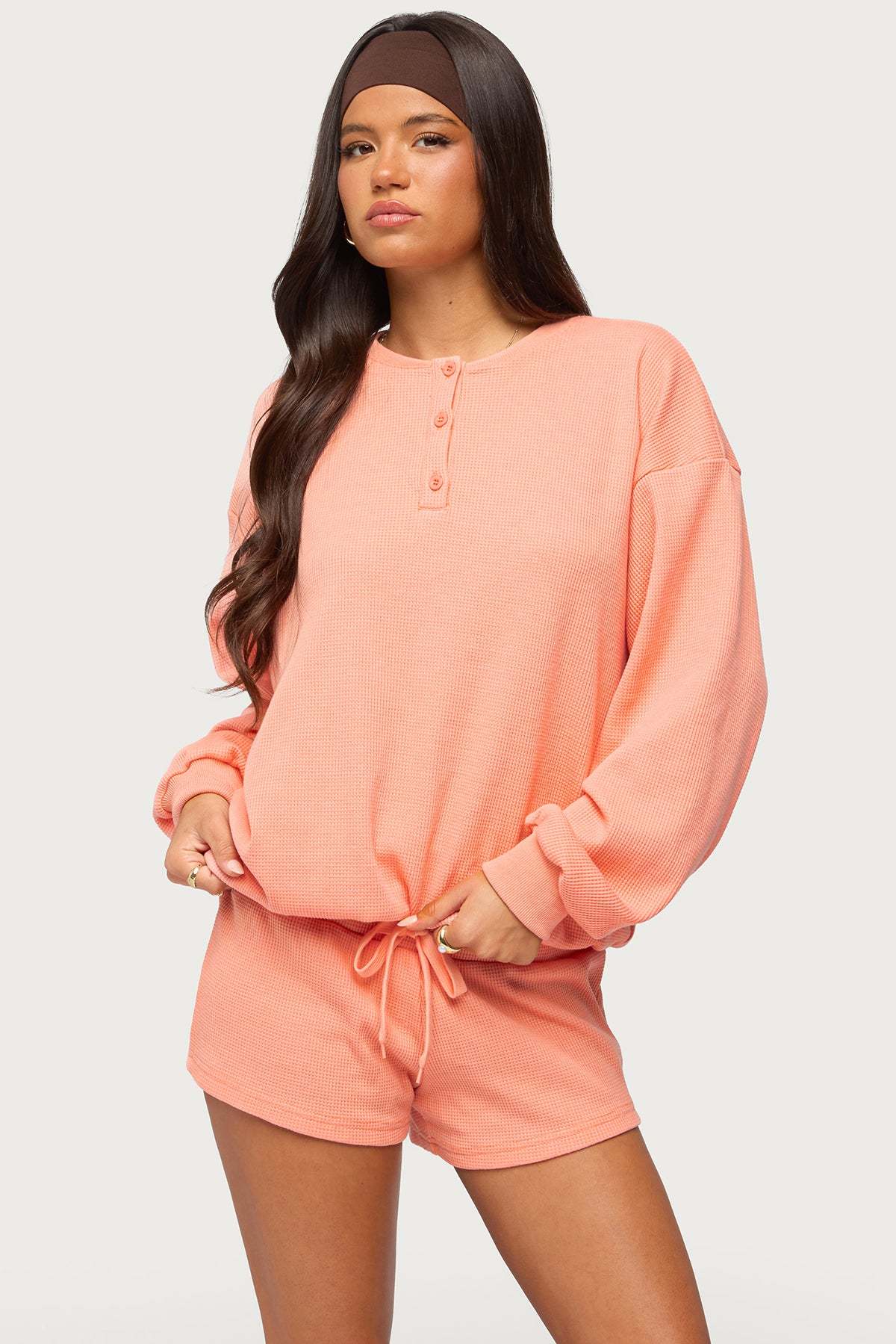 Baila Waffle Henley Top - ORANGE
