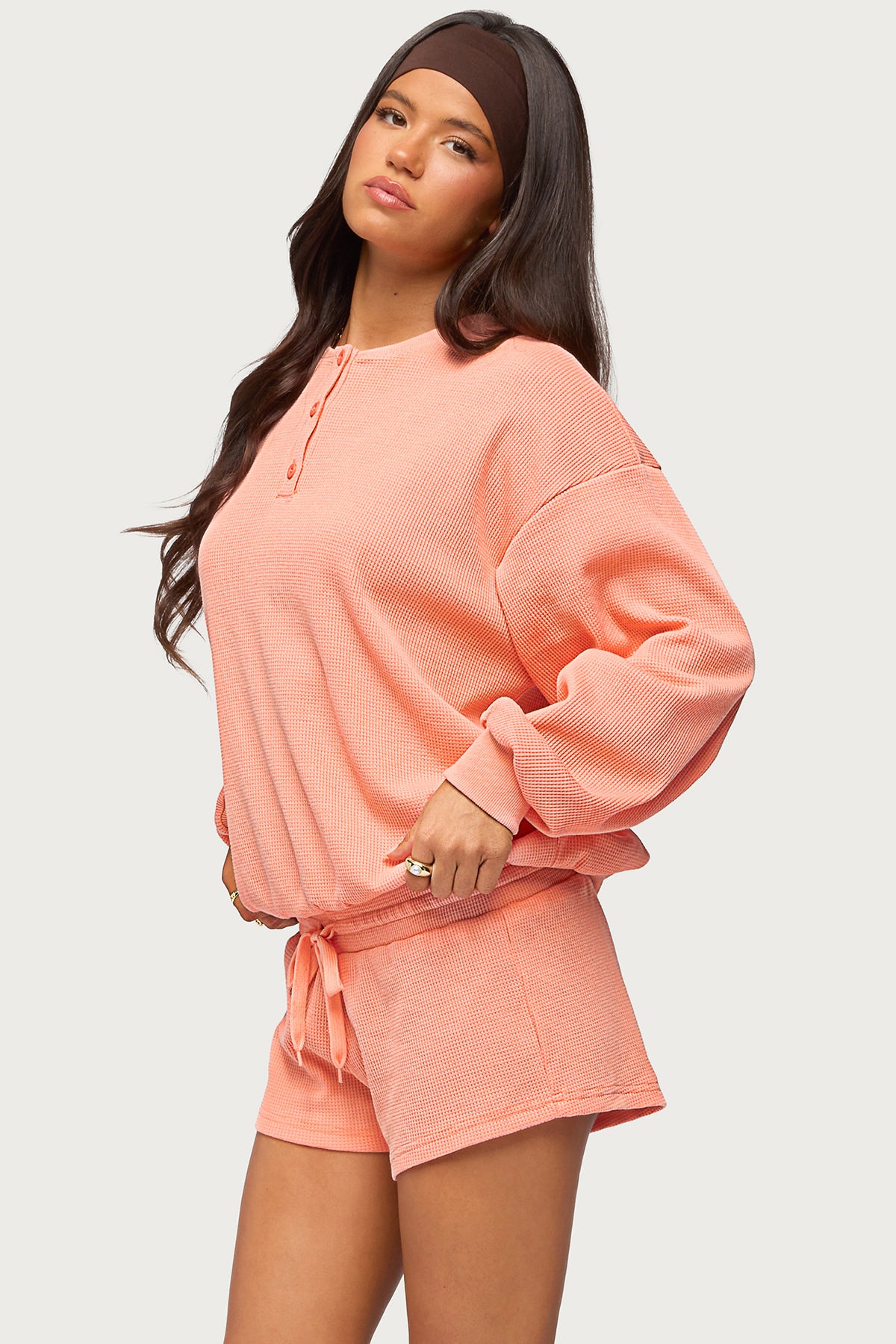 Baila Waffle Henley Top - ORANGE