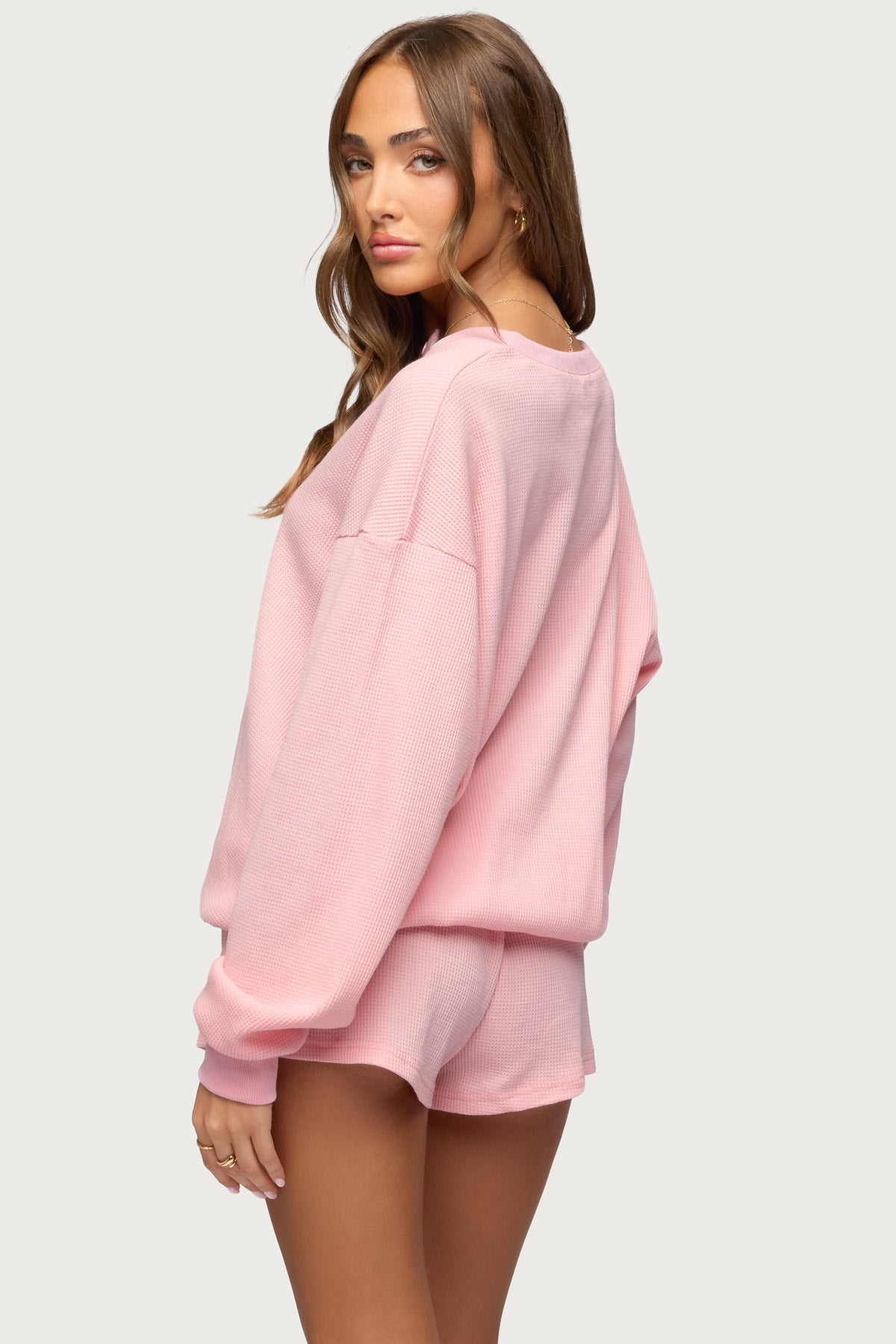 Baila Waffle Henley Top - PINK