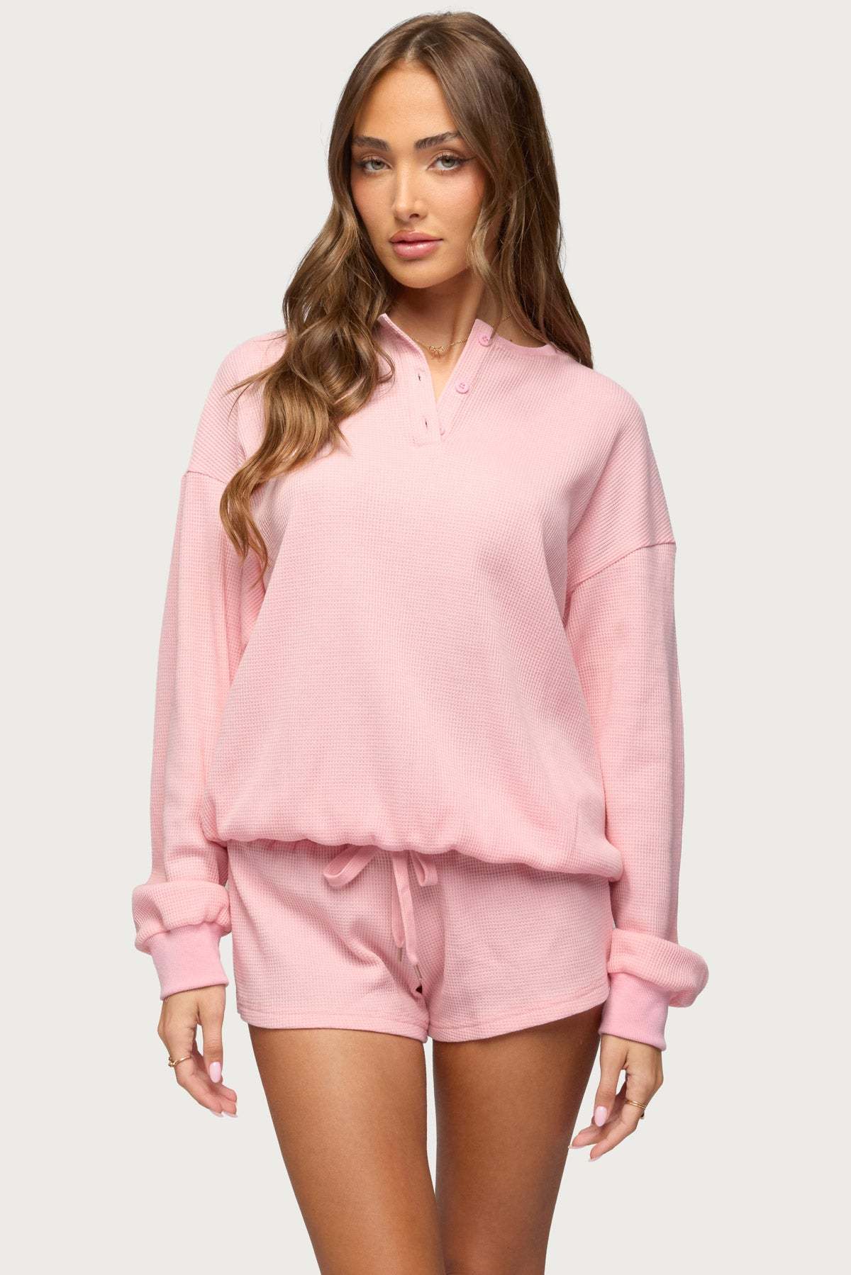 Baila Waffle Henley Top - PINK